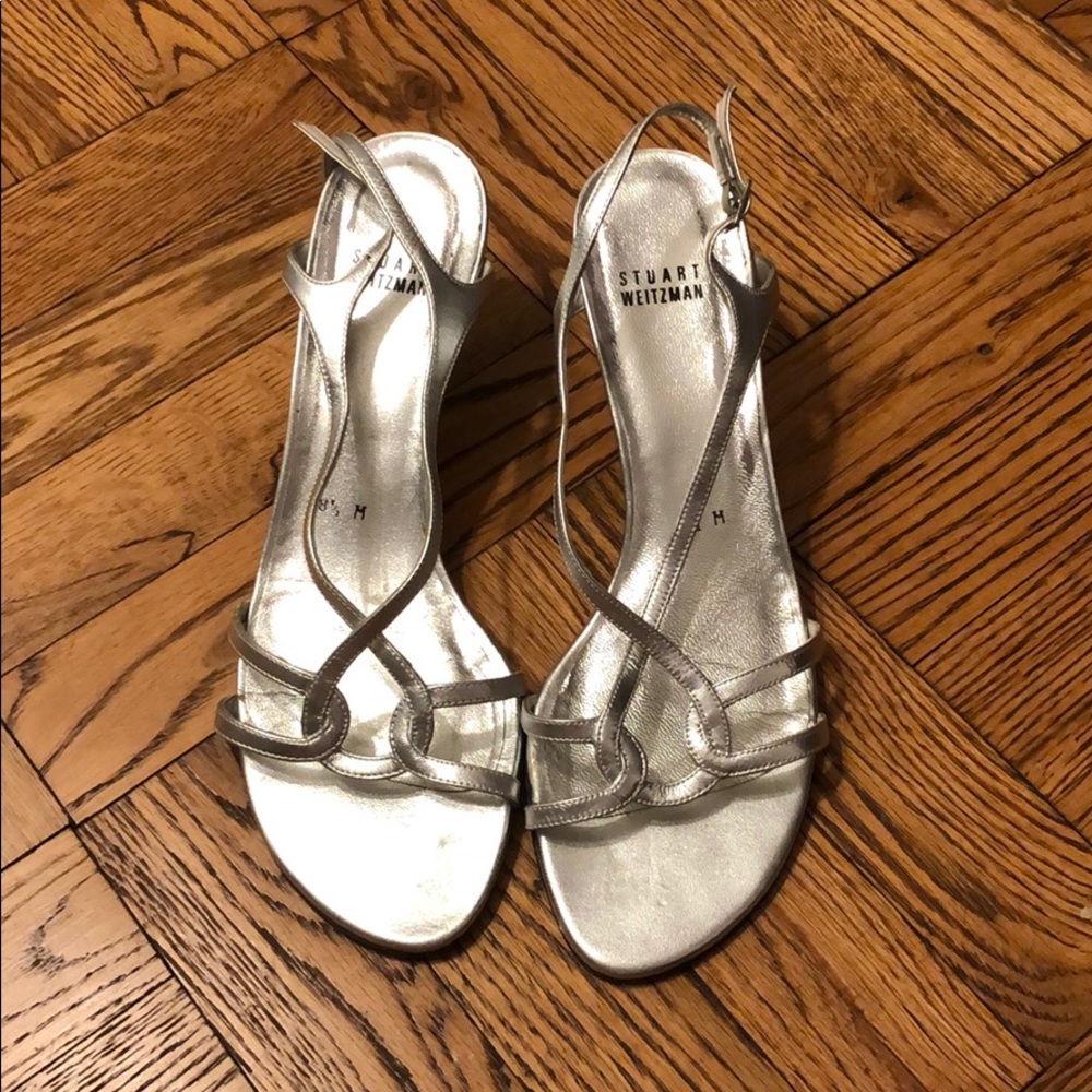 Silver Stuart Weitzman strappy kitten heels